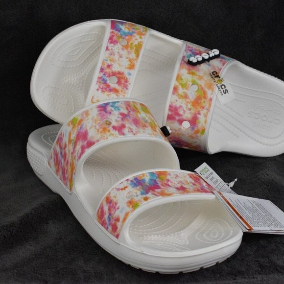 Womens Crocs Classic Tie Dye Summer Slip On Sandals White 207283-928 main image 2